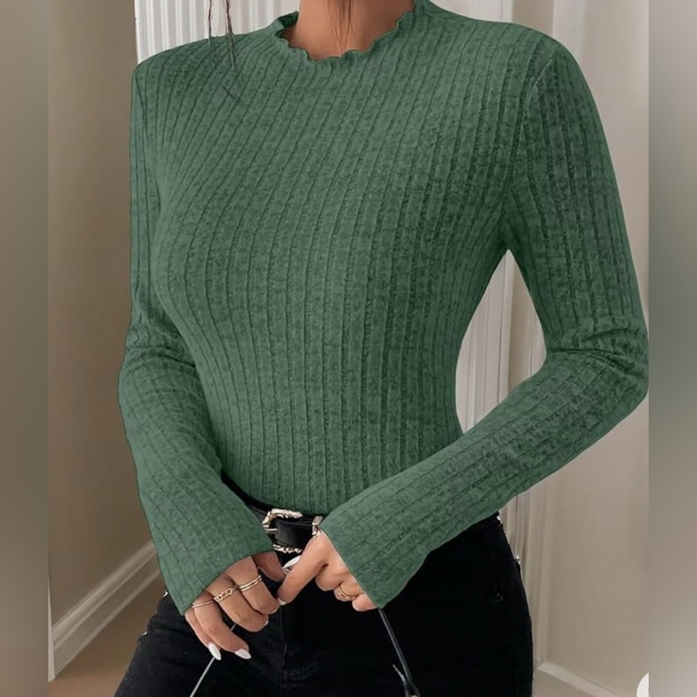 Classic Fashion Fitted, Ribbed Long Sleeve Sweater - Green